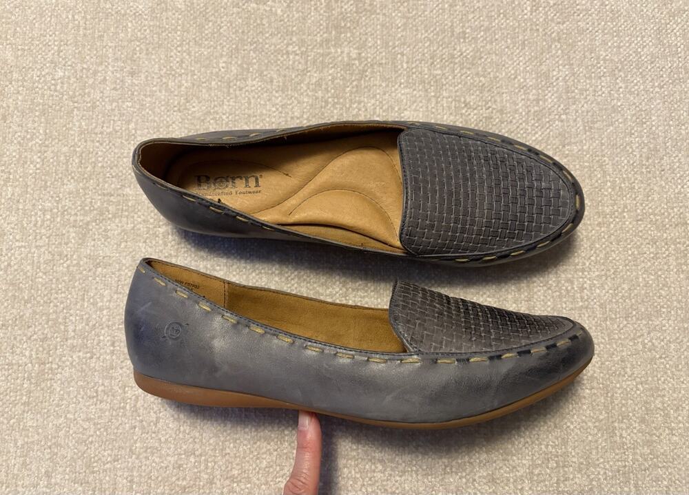 Born Flats Women's Size 9 Maple Loafers Blue/Gray Leather Basket Weave Boho